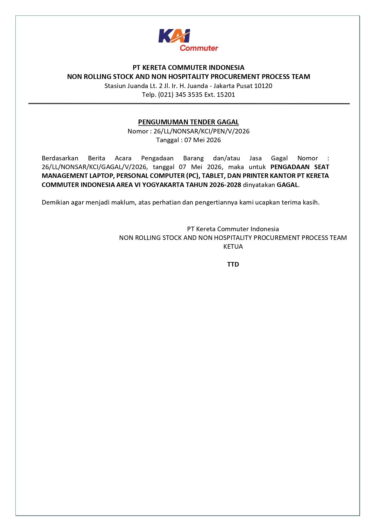 8 pengumuman tender gagal 26 pengadaan seat management laptop pc dan printer kantor area vi yogyakarta pt kci 2026 2028